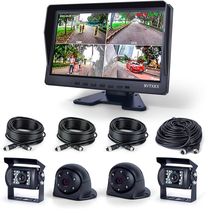 10.1 Inch 1080P AHD Quad Split Touch Screen Truck Monitor System with 4 IP69K Night Vision Cameras, BSD Pedestrian & Vehicle Alert, Loop Recording, for RV, Bus, Trailer, Forklift, Truck