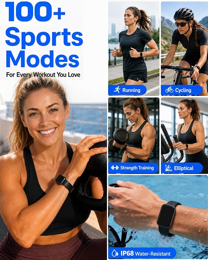 MorePro Health Fitness Tracker for Women Men, 24/7 Heart Rate Blood Pressure & Oxygen Monitoring, Sleep Tracker, 100+ Sport Modes Smart Watch, IP68 Waterproof, 2 Bands, Compatible Android iOS