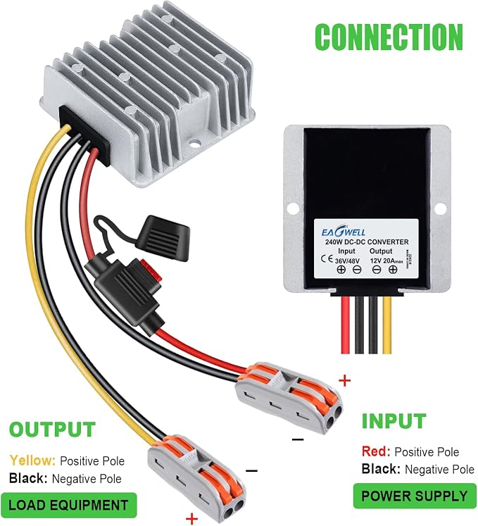 DC-DC 36V 48V to 12V 20A 240W Step Down Converter Golf Cart Voltage Regulator Reducer Transformer with Fuse Waterproof