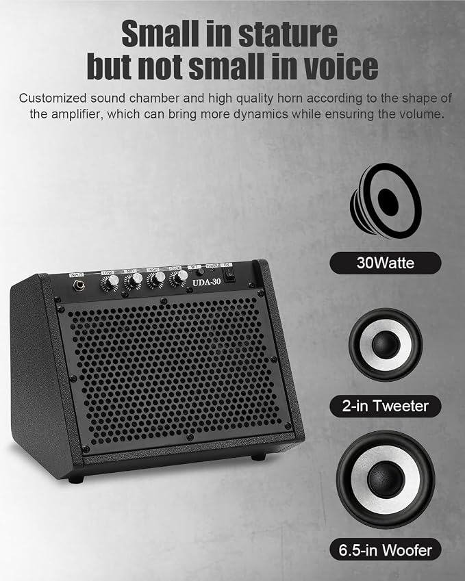 Electric Drum Amplifier 30W Wireless Drum Speaker with 3-Band EQ, Portable E Drum Amp for Electronic Drum Set, Guitar & Keyboard, Compact Practice Amp for Home Studio (Matte-Black)
