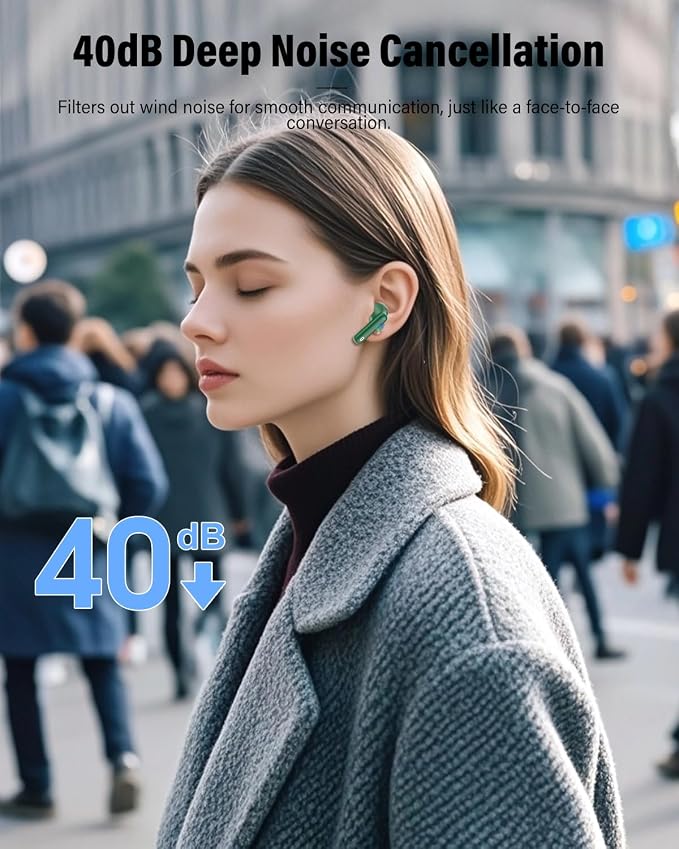Wireless Earbuds, Bluetooth 5.4 Headphones Bass Stereo, Ear Buds with Noise Cancelling Mic, LED Display in Ear Earphones Clear Calls, IP7 Waterproof Bluetooth Earbuds for Laptop/Phones/Sports, Green