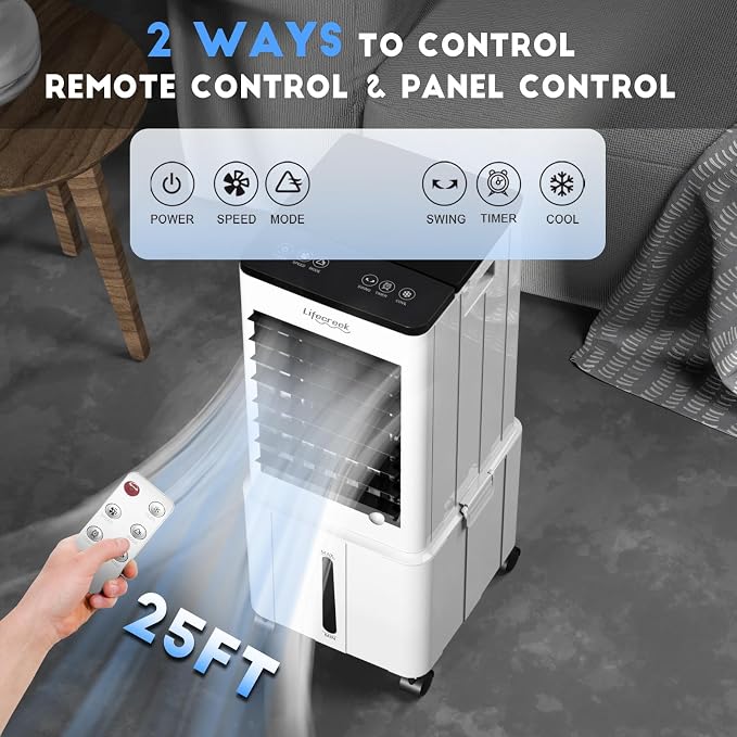 Lifecreek Portable Air Conditioner, 3-in-1 Evaporative Air Cooler with 3.2 Gal Water Tank, Windowless Portable AC Fan with 6 Ice Packs, Remote, 12H Timer, 3 Speeds, 4 Modes for Room Bedroom Office
