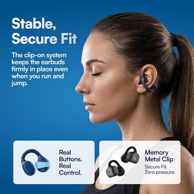 Raycon Everyday Clip On Earbuds - Open Ear Headphones, Lightweight Wireless Earbuds Bluetooth, Sweat & Water Resistant Earphones, Clip Earbuds with Buttons, 30 Hours Battery Life (Blue)