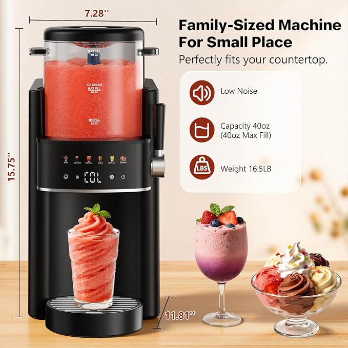 Slushie Machine, Ice Cream Maker, Slushy Machine for Home and Families, No ice needed with Rapid Chill & Temperature Control, Multi-function for Margarita, Frappé, Easy to Clean, Black