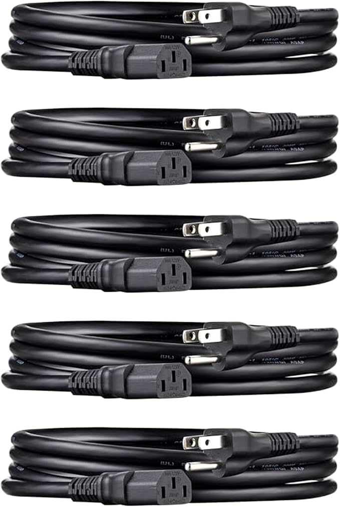 Amazon Basics Universal PC Power Cord Replacement, AC Power Cord for Monitor, Computer, TV, 3 Prong, 18 AWG, 125 Volts, 6 ft, Black, 5-Pack