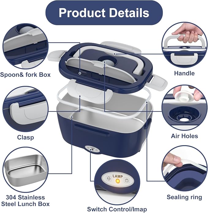 Electric Lunch Box Food Heater, 3 in 1 Ultra Quick Heated Lunch Boxes for Adults, 12V/24V/110V Portable Food Warmer for Car/Truck/Office With Fork Spoon and Insulated Carry Bag, Gifts for Men