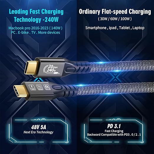 CABLEDECONN USB C 3.2 Gen-2 240W Straight Extension Cable 1m 3.3ft Data Transfer 20Gbps 48V/5A Charging Cable Type-C 4K Video Output Compatible with Thunderbolt 3 USB-C Computers