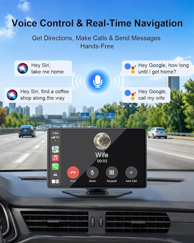 CarPlay Screen for Car, 9" Wireless Apple CarPlay & Android Auto with 1080P Backup Camera, Night Vision, GPS Navigation, Mirror Link, Voice Control, Bluetooth/FM/AUX Audio, Plug & Play Dashboard Mount