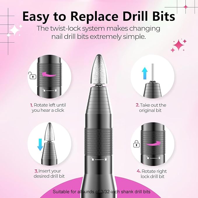 Professional Cordless Nail Drill Kit,Alloy Electric Nail File for Acrylic Nails Gel Polishing Callus Remover,30,000RPM with LED Display Rechargeable Quiet Manicure Pedicure Kit for DIY,Home Salon Use