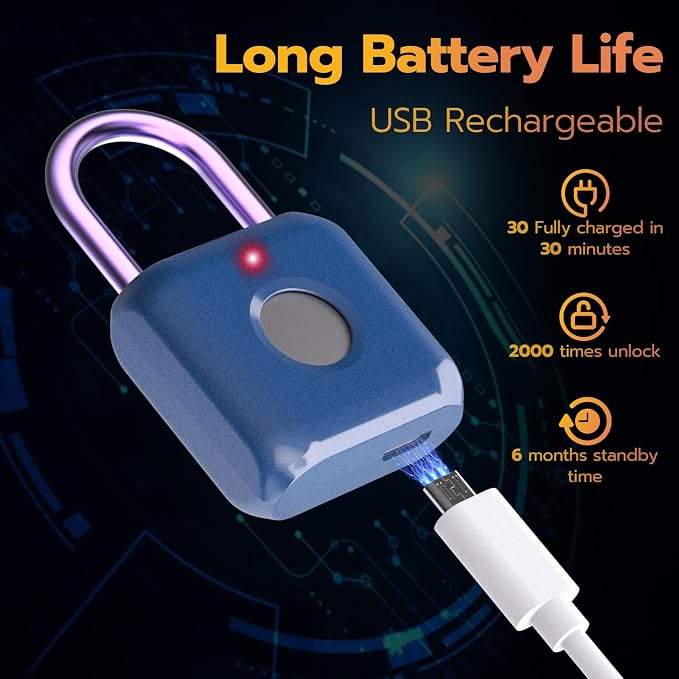Pothunder Fingerprint Padlock, Smart Padlock, Locker Lock, Biometric Metal Keyless Fingerprint Lock, USB Rechargeable, for Gym Locker, Luggage, Backpack(Blue)