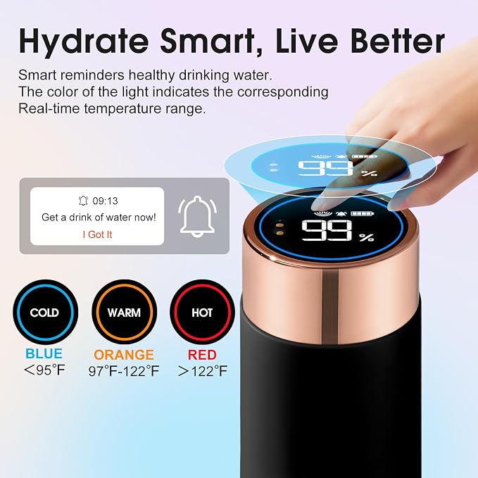 Vsitoo Smart self cleaning Insulated Water Bottle, 15oz Stainless Steel Vacuum Flask, AI Self-Clean, 30-Day Battery Life, BPA-Free, Magnetic Charging, Portable Travel Mug Gifts for Men Women, Black