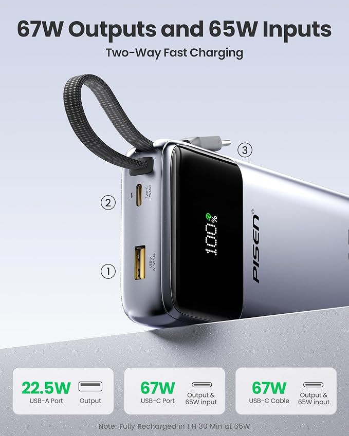 PISEN 3C Certified Power Bank - 20000mAh 67W CCC Power Bank with Built in Cable, Travel Battery Pack Portable 3C Charger with LED Display, 67W Portable Charger with Built in Cable for iPhone, MacBook
