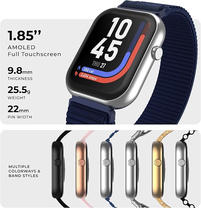 iTouch AIR 5 Smartwatch, 1.85" AMOLED Display, Bluetooth Calling, 100+ Sports Modes, Heart Rate, SpO2, Sleep & Stress Tracking, Water Resistant, 7-Day Battery Life, for Android & iPhone