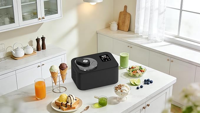 Magnavox Home, 1.2 Qt Electric Ice Cream Maker with Compressor, Touchscreen Ice Cream Machine, Built-In Compressor, Automatic Sorbet, FroYo, Italian Ice Maker, No Pre-Freeze