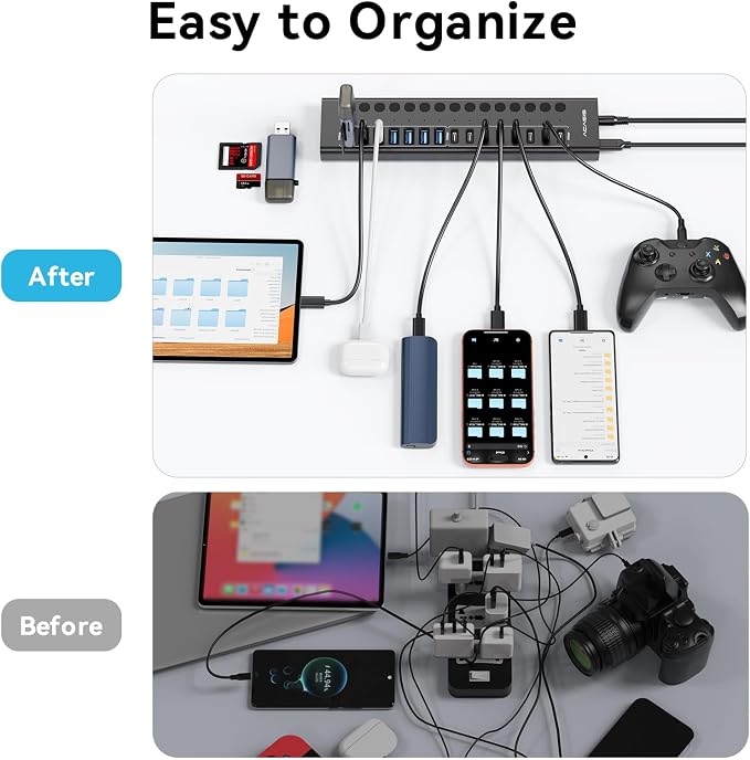 Powered USB 3.2 Hub, ACASIS 16 Ports USB 3.2 Hub(8 USB-A 3.2 Ports+8 USB-C 3.2 Ports), Aluminum USB Hub Powered with 96W Power Adapter, USB Hub for PC/Laptop, Computer, Flash Drive, Printer, Camera