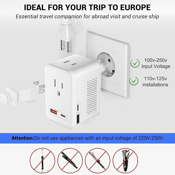 220V to 110V Voltage Conversion Plug Adapter for Traveling from USA to Europe with 2 USB and 2 USBC Ports PD 20 W, 2 AC Outlets International Power Adapter