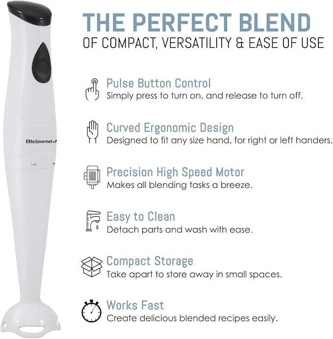 Elite Gourmet EHB-2425X Electric Immersion Hand Blender, Mixer, Chopper, 1-Touch Control Multi Purpose Electric Immersion Stick, Mixer, Chopper, 150 Watts, For Soups, Sauces, Baby Food, White