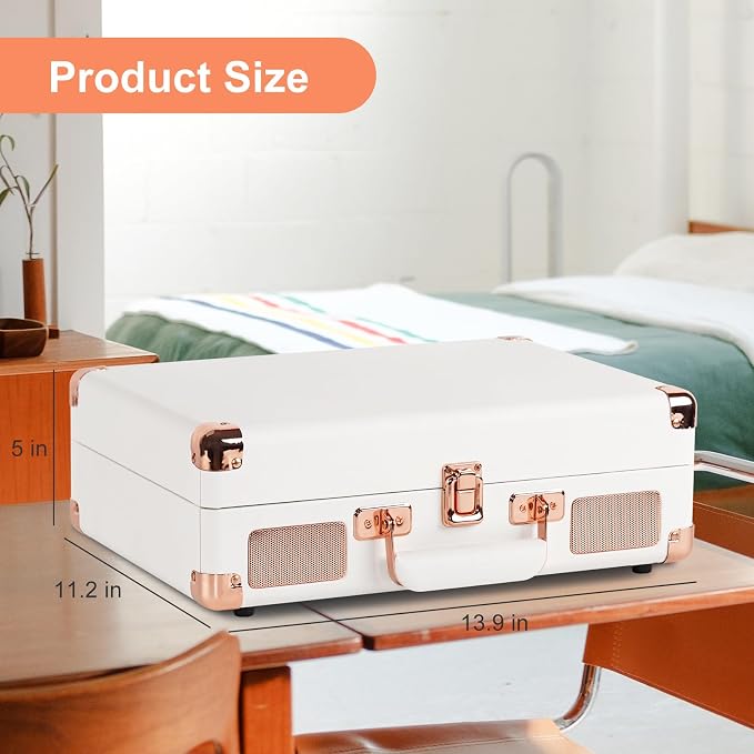 3-Speed Vinyl Record Player Turntable Portable Suitcase with Bluetooth, Rechargeable Battery, Aux/RCA/Headphone Jacks, Compact Retro Design for Vinyl Lovers