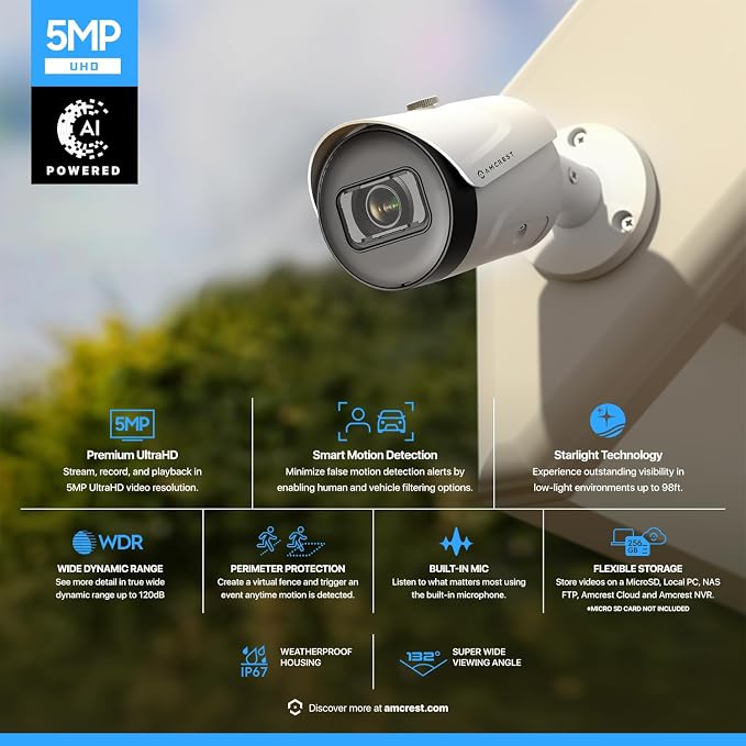 Amcrest 5MP Outdoor POE Camera 2592 x 1944p Bullet IP Security Camera, IP67, 132° Viewing Angle, Human & Vehicle Detection, Tripwire & Intrusion, 5-Megapixel, IP5M-B1186EW-AI-V3 (White)
