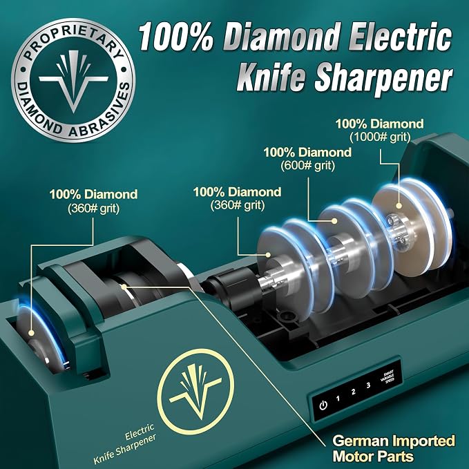 Professional Electric Knife Sharpener with 100% Diamond Abrasives & Precision Angle Guides, 3-Speed Variable 4-Stage Open Touch-Screen Knife Sharpener for Straight, Serrated Edges, Scissors & Axes | 100% Diamond Abrasives, Precision Angle Guides, 3-Spe...