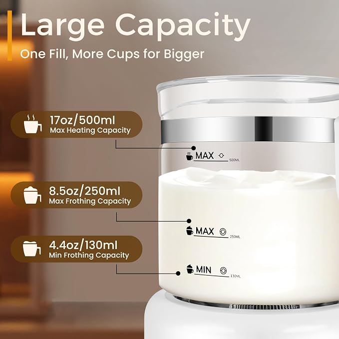 Milk Frother and Steamer, 6 in 1 Milk Steamer and Milk Warmer, 17oz Auto Shut Off Electric Frother with Touch Screen, Hot/Cold Foam Maker for Coffee, Latte, Cappuccino, Hot Chocolate,White