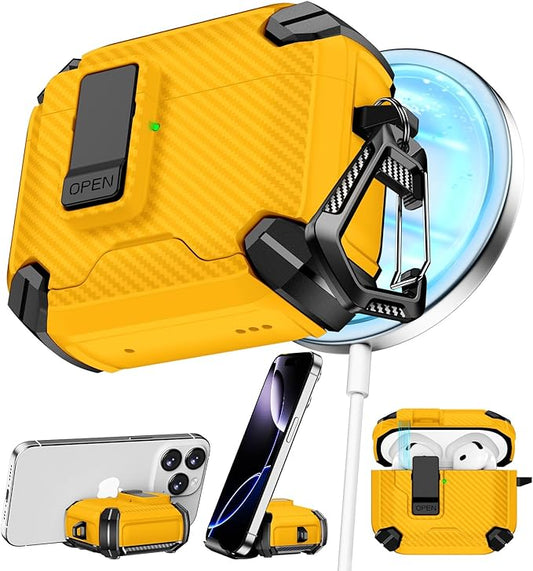 Pohgelan Compatible with AirPods 4 Case,Magnetic Automatic Lock with Phone Stand & Cleaning Kit,Compatible with Magsafe,Carbon Fiber Texture Cover -Yellow