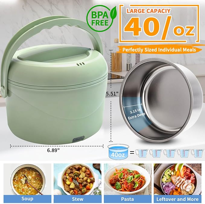 Aotto Electric Lunch Box, 40 oz Portable Food Warmer Heater, Lunch Warmer Portable for Work/Office/Car/Travel 12V/24V/110V 3-in-1, Warming Soup & Meal, Spill-Free, Men & Women's Gifts, Green