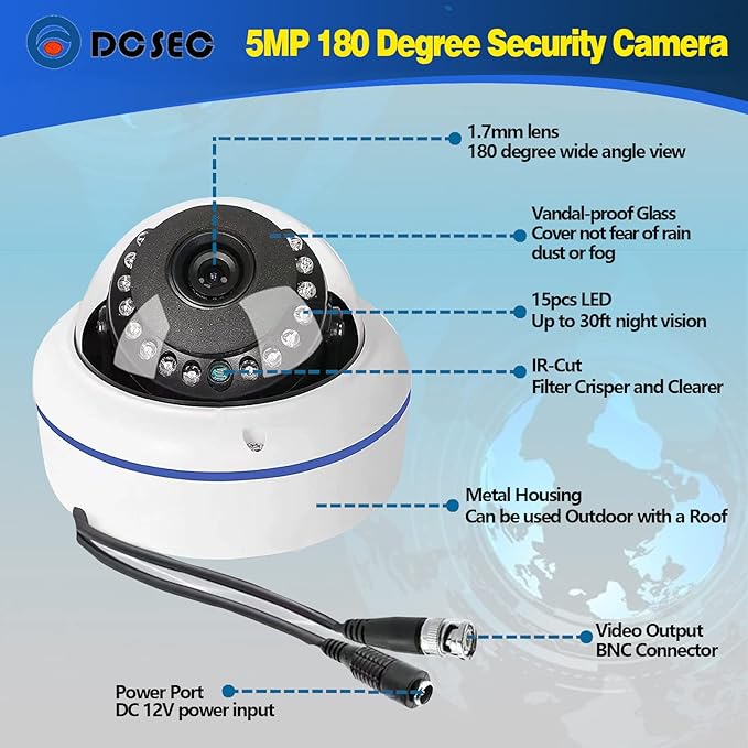 5MP 4MP 180 Degree Wide Angle Dome Security Camera HD-TVI/CVI/AHD/960H Analog 4 in 1 Super Hybrid HD CCTV Surveillance 1.7mm Fisheye Lens Outdoor/Indoor IR Day&Night Vision Home Cam