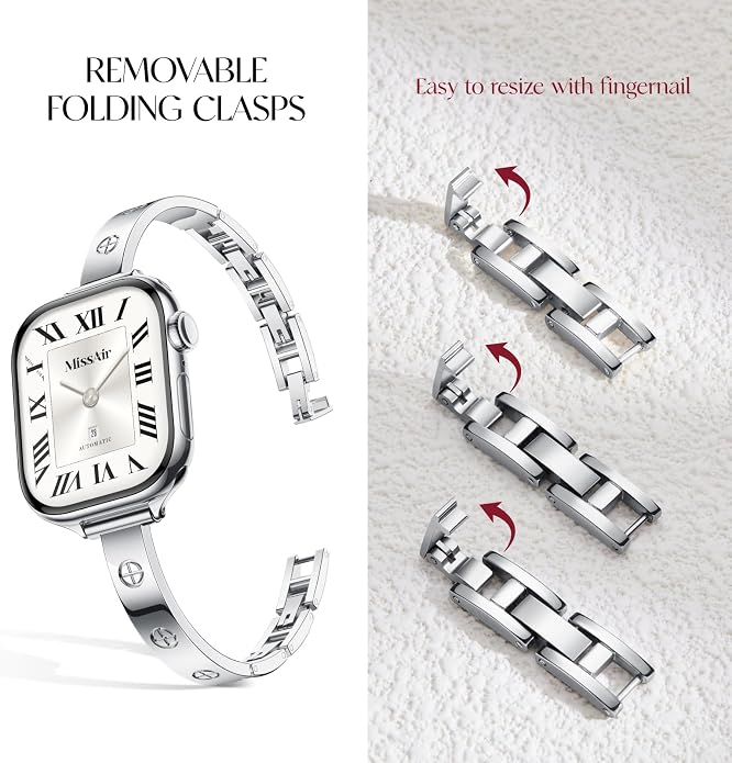 Missair Slim Bands Compatible with Apple Watch 38mm 40mm 41mm 42mm 44mm 45mm 46mm 49mm for Women, Thin Bracelet Dressy Designer Stainless Steel Metal Strap for iWatch Series 11 10 9 8 7 6 5 4 SE Ultra