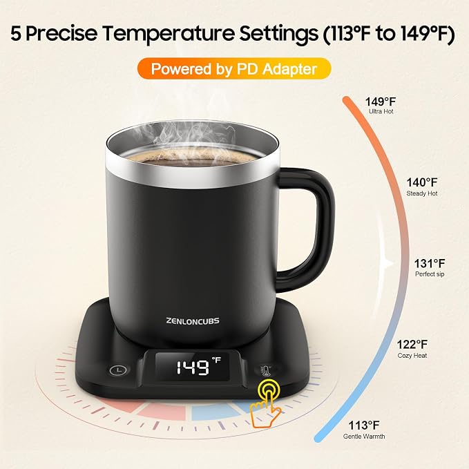 Smart Electric Heated Coffee Mug with Temperature Control, 5 Settings & Display, Auto Shut-Off, Fast Heating Warmer Set with Stainsteel Coffee Mug (17oz-Black)