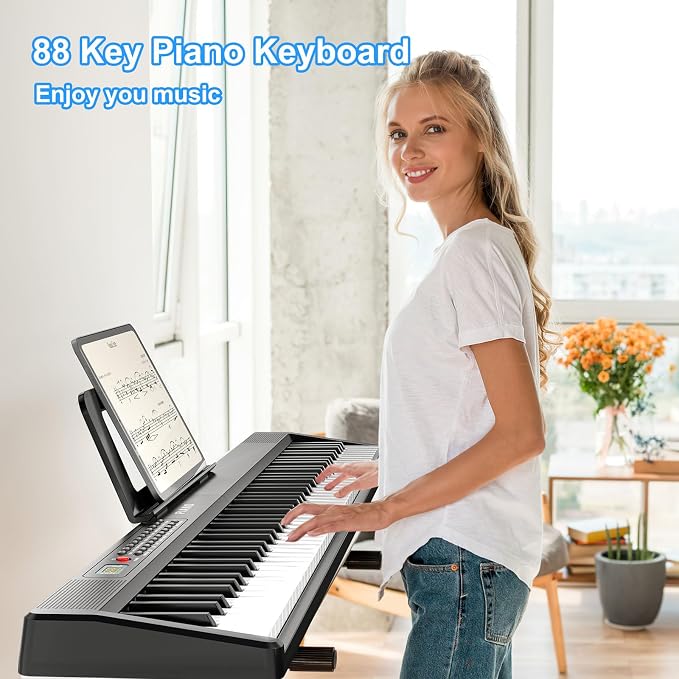 Electronic Piano keyboard,Foldable Full Size 88 Key Digital Pianos with Power Adapter,Pedal,Sheet Music Stand,Sticker,Bag,for Beginners,Black