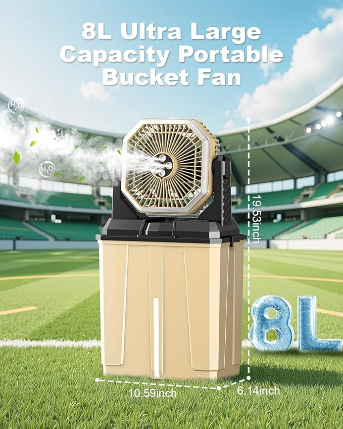 Portable Misting Fan, 24000mAh Camping Fan with 8L Bucket, 12Hrs Mist Rechargeable Fans, 60‌Hrs Cooling Battery Powered Fans with 2 Spray Modes, 3 Winds, 68LED Lights for Outdoor Garden, Worksites