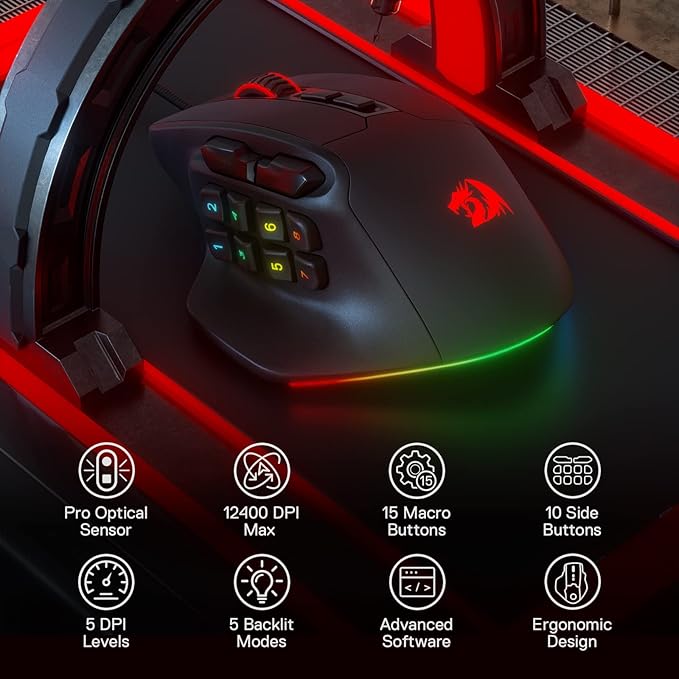 Redragon M811 Aatrox MMO Gaming Mouse, 15 Programmable Buttons Wired RGB Mouse w/Ergonomic Natural Grip Build, 10 Side Macro Keys, Software Supports DIY Keybinds & Backlit