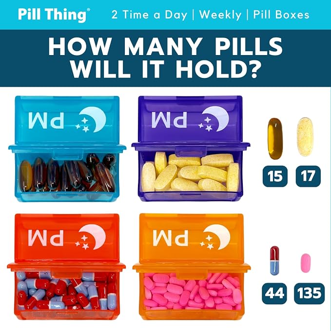 2 Times a Day, 7 Day Large Weekly Pill Organizer with Holder Tray, Vitamin, Medicine Box, Multicolor with Medical Alert Card (2X a Day - 2 Pack)
