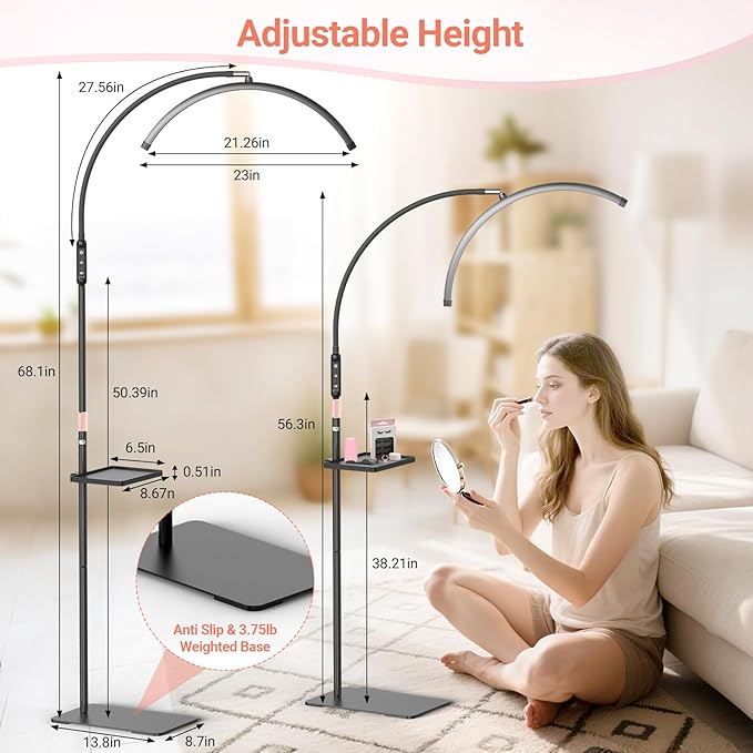 LIONVISON Half Moon Lash Light: 6500K LED Lamp Ring Light with Tray - 360° Flexible Gooseneck Durable Metal Stand - Salon Use for Lash Artists Eyelash Extensions (23In Black)