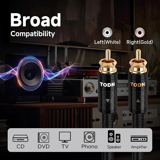 TODN 6.5ft HiFi Silver-Plated RCA Audio Cables Audiophile Dual Shielded | 2-core Silver-plated-OCC+2-core-OCC, 24K Gold-plated Plug, Carbon Fiber Shell, RCA to RCA, Left and Right Channel