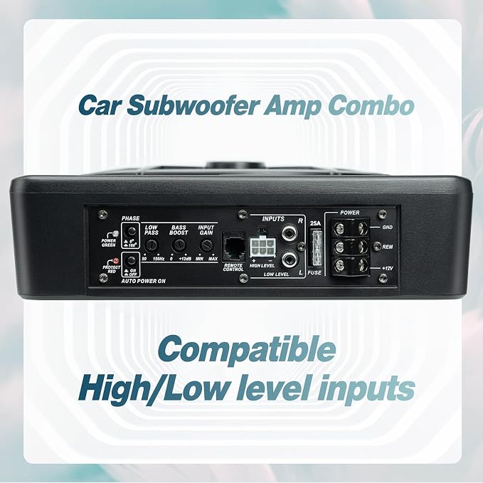 Seventour 10" Upgrade 800W Slim Under Seat Powered Car Subwoofer, Car/Truck Audio Sub Built in Amplifier amp Combo, with Blue LED Light (RGB LED Subwoofer+Installation Wire Kit)