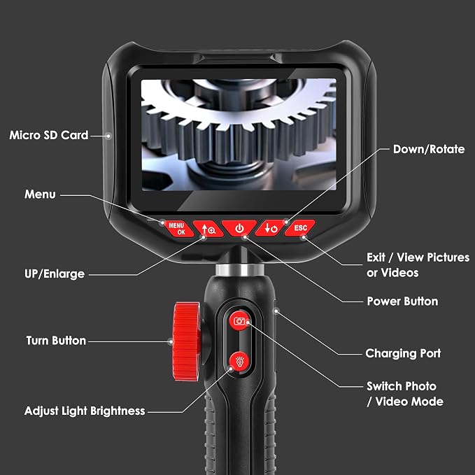 Two-Way Articulating Borescope Camera with Light,360°Rotation,1920P, 6.2 mm Industrial Endoscope IP67 Waterproof Flexible Semi-Rigid Cable for Automotive, Pipe Inspection