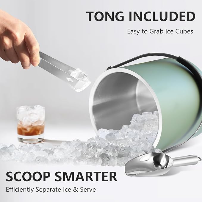 Bakpoco 3L Ice Bucket with Silicone Lid, Scoop, Tongs & Strainer, Stainless Steel Double Wall Insulated Ice Buckets for Parties & Cocktail Bar, Outdoor Champagne Ice Container Bin, Dusty Green