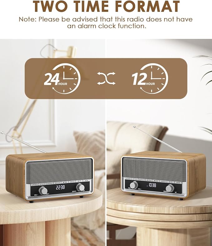 Vintage Wood AM FM Bluetooth Radio Plug in Wall, Digital Radio with Time Display | No Alarm | Sleep Timer |40 Presets, Retro Bluetooth Speaker for Office, Kitchen (Light Walnut)