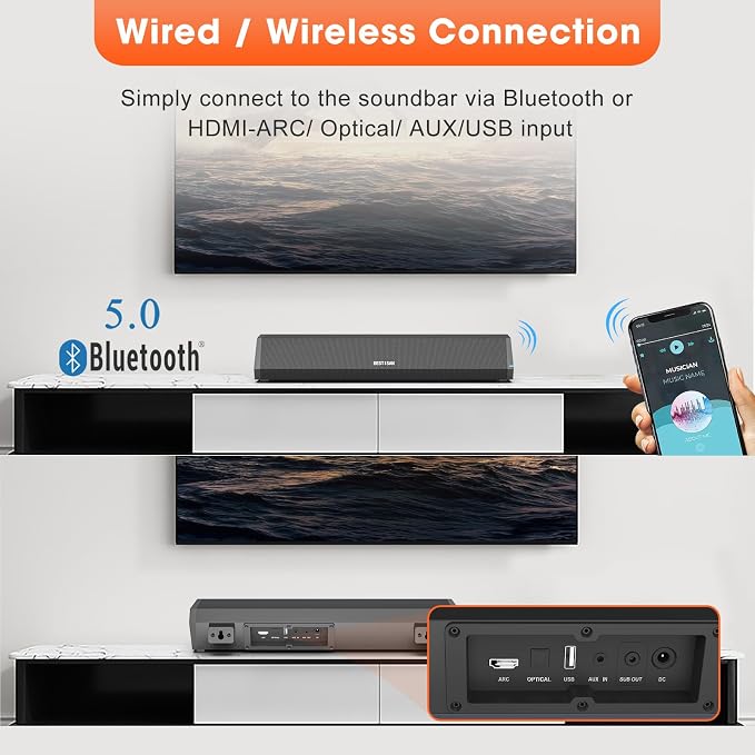 Bestisan Sound Bars for TV, 16'/50W Small Soundbar for TV, Sound Bar with Depths Sound Enhanced/DSP/Bass+/3EQ, Surround Sound Speakers for TV Works with HDMI ARC/CEC,Optical/BT/PC …