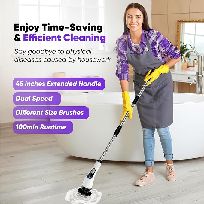 Electric Spin Scrubber Cordless – Powerful Bathroom Cleaning Brush with Long Handle, 2 Speeds, 3000mAh Rechargeable, 7 Brush Heads, Wall Hanger & Crevice Tools – Shower, Tub & Tile Cleaner