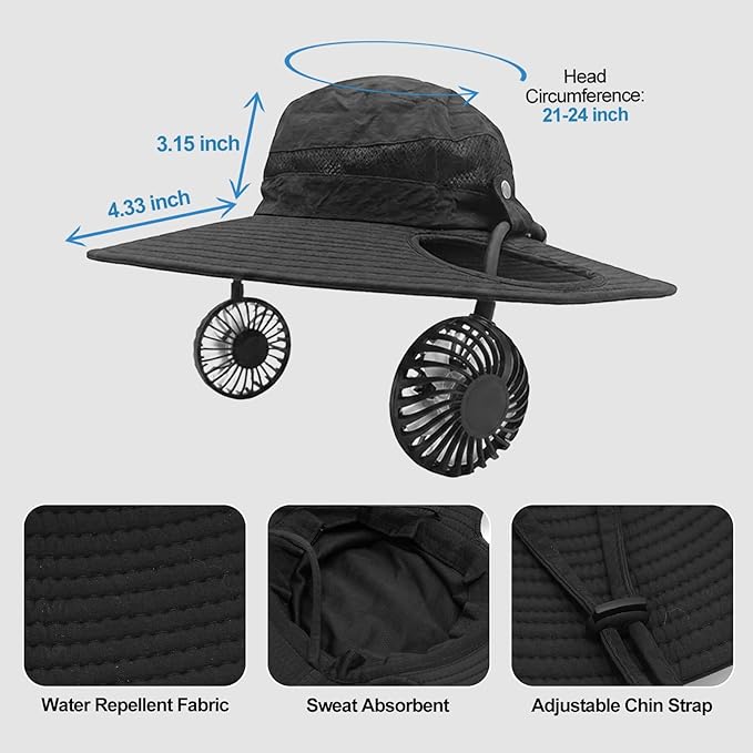 Sun Hat with Fan for Men & Women, Bucket Hat with Fan, UPF 50+ Cooling Hat with Sunblock Sleeves for Fishing,Hiking