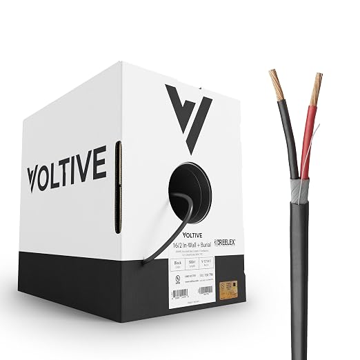 Voltive 16/2 Speaker Wire, in-Wall CL3 & Direct Burial, Black, 500ft - 16AWG, 2 Conductors, Stranded Oxygen-Free Copper, UL Listed - V-1210-5