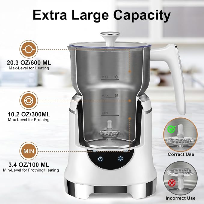 7-IN-1 Milk Frother, 20.3 OZ Milk Frother and Steamer with Temperature Control Stainless Steel Electric Milk Frother Dishwasher Safe Hot and Cold Foam for Latte Hot Chocolate Cocoa (White)
