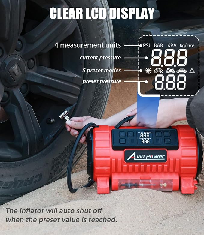 AVID POWER Tire Inflator Portable Air Compressor, 12V DC/110V AC Car Tire Pump with Inflation and Deflation, 5 Preset Modes, Digital LCD Pressure Gauge for Car Tires, Air Mattress and Small Inflatable