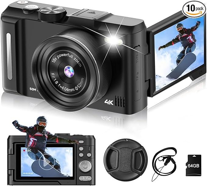 Digital Camera 4K for Photography, 50MP Vlogging Camera for YouTube Video with Flash and 3" 180° Flip Screen, 18X Digital Zoom Compact Travel Cameras with 64GB TF Card for Teens Beginner (Black)