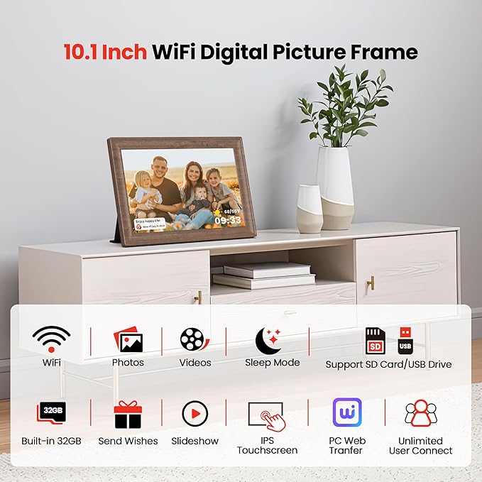 Uhale 10.1 Inch Digital Picture Frame 32GB Momery Wooden WiFi Electronic Photo Frame IPS HD Touch Screen Display Share Photos/Videos Instantly Anywhere Gifts for Mom Dad Grandparents