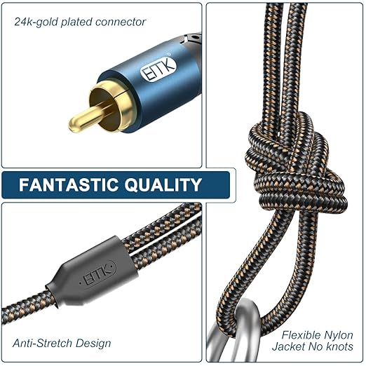 EMK 3.5mm to 2RCA Cable 24K Gold-Plated Nylon Braided RCA to Auxiliary Stereo Audio Headphone Male to Male 1/8 to RCA Cord for Tablet,Subwoofer,Home Theater,DVD Speaker,MP3/MP4,Player 10ft/3m