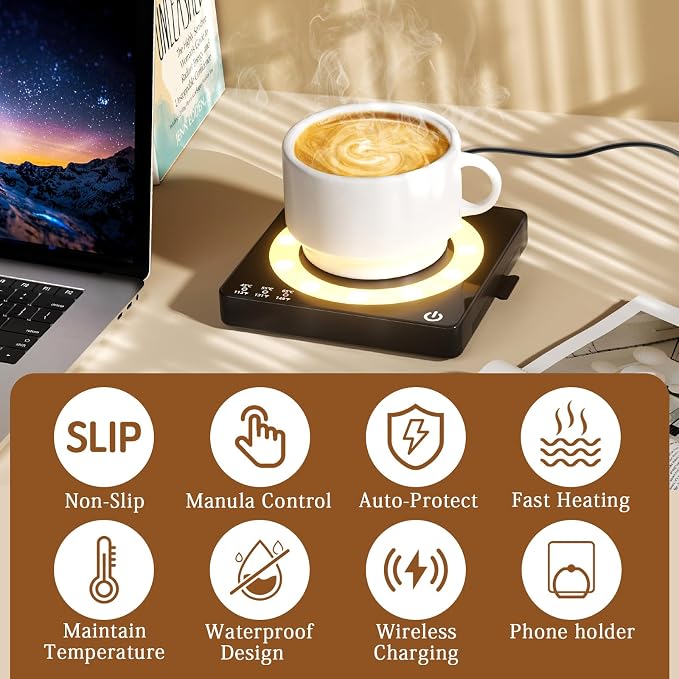 Coffee Mug Warmer, Smart Mug Warmer, 15W Wireless Phone Charging, 3 Heat Settings Temperature Controlled, 8H Auto Off, Candle Warmer, Safe for Heating Coffee, Beverage, Milk, Tea